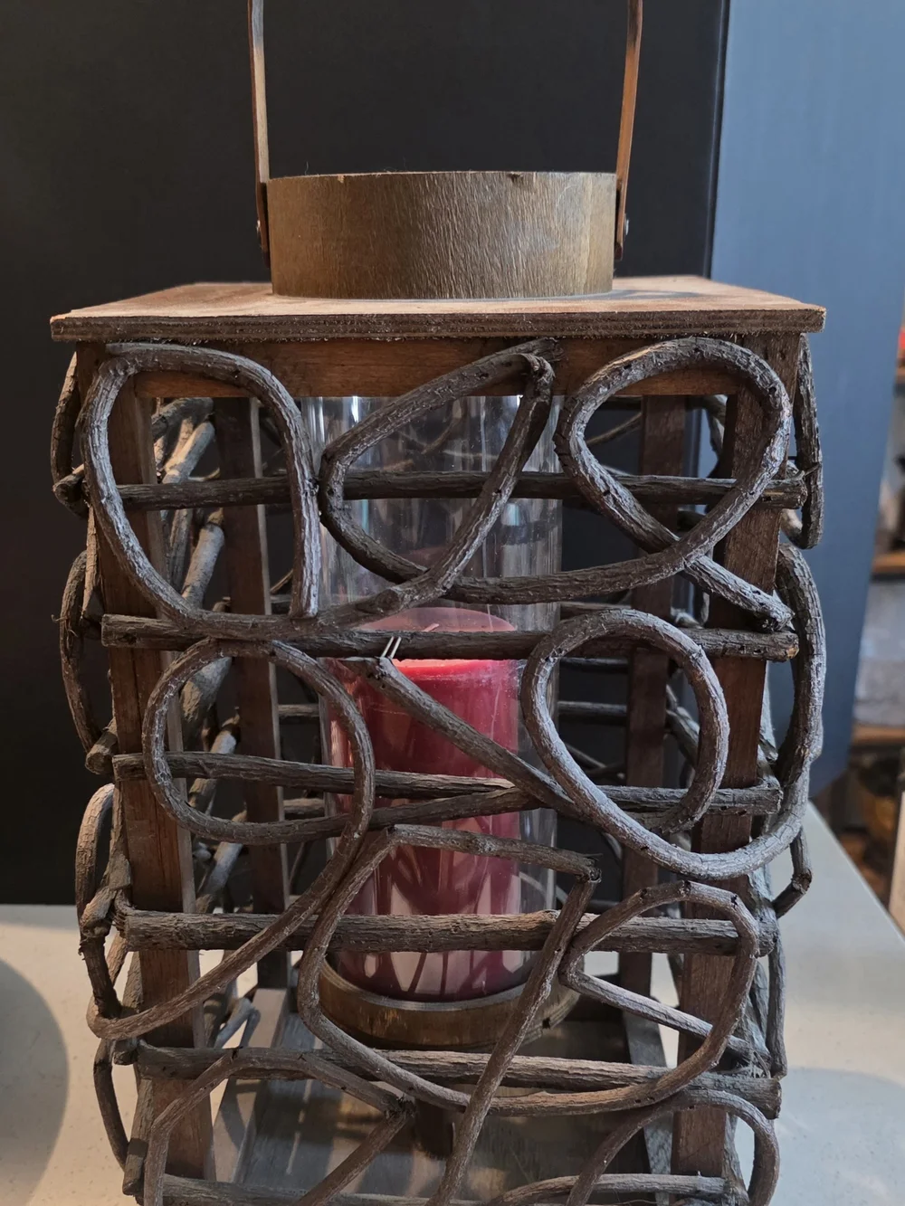 Handmade Rustic Woven Wood Lantern with Red Candle